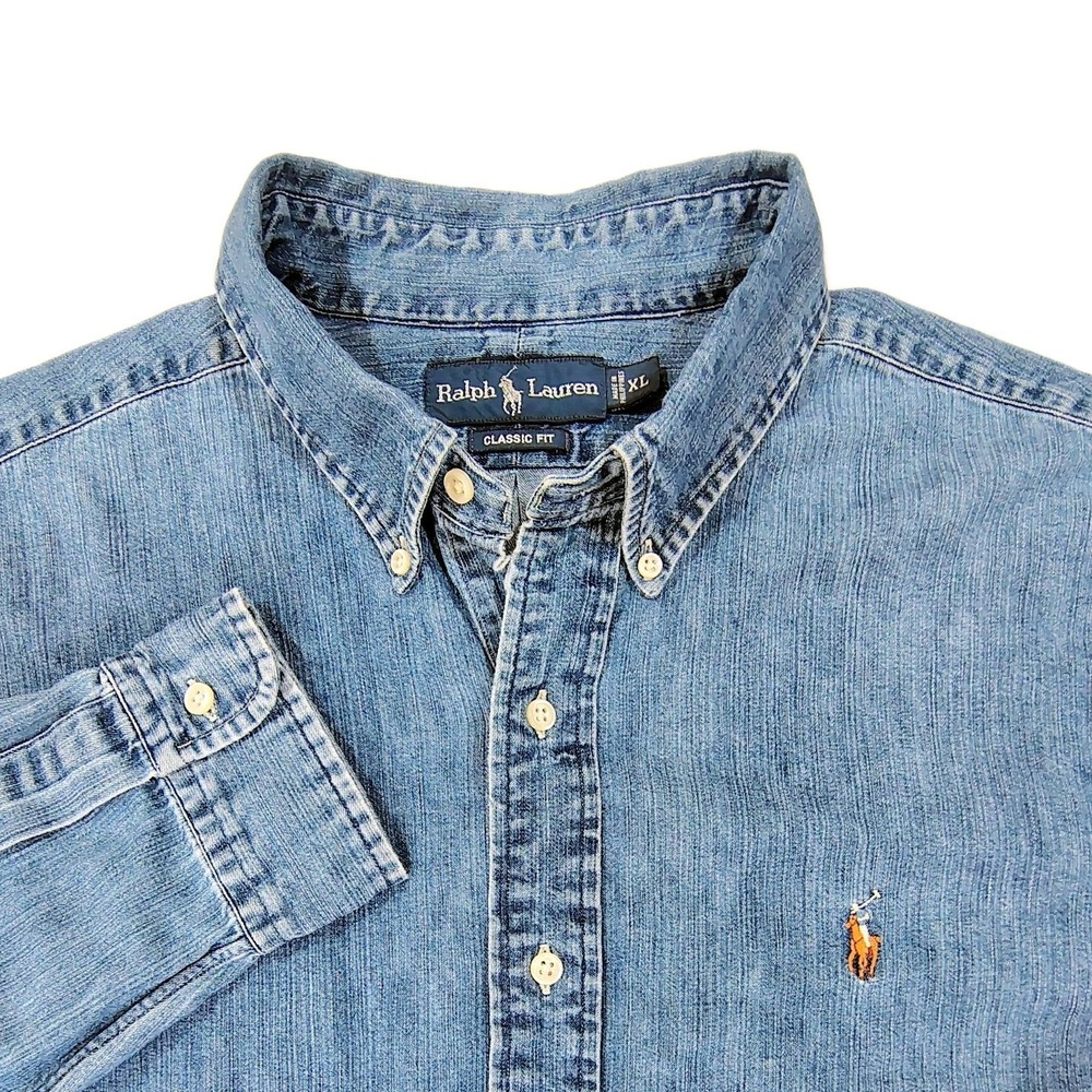 Polo Ralph Lauren Denim Button Down Shirt Men XL Blue Long Sleeve Pony Classic